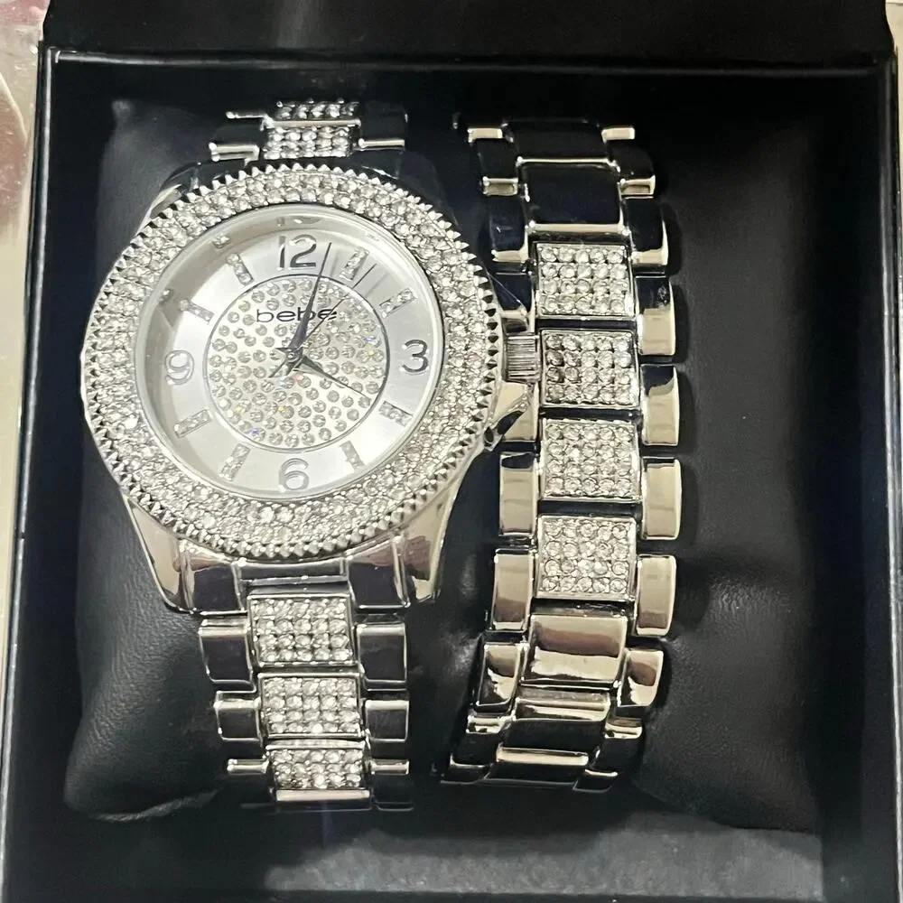Bebe silver-tone watch and bracelet set embellished with crystals